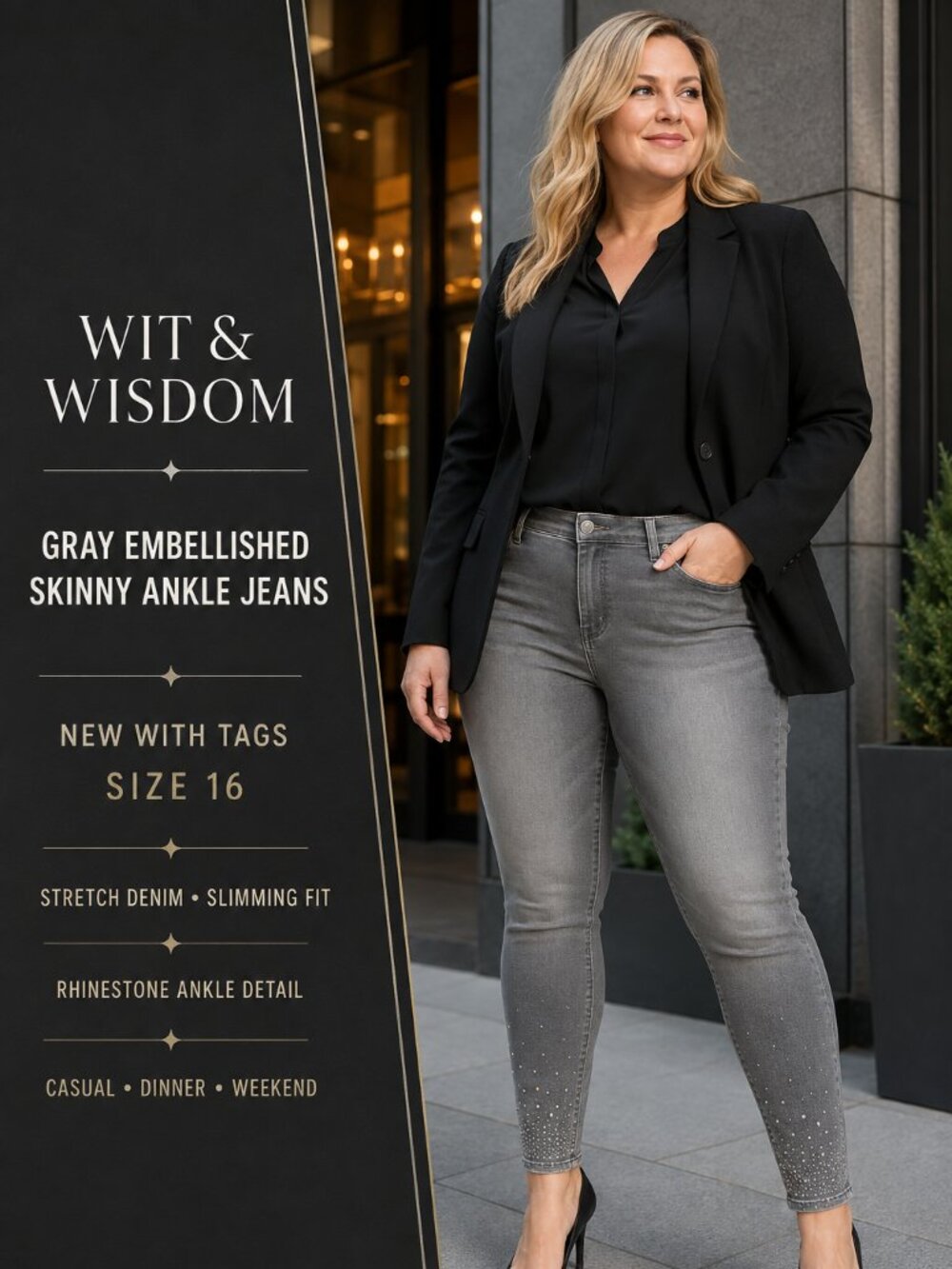 Wit & Wisdom Women’s Skinny Stretch Jeans – Gray Embellished Ankle Denim New 16